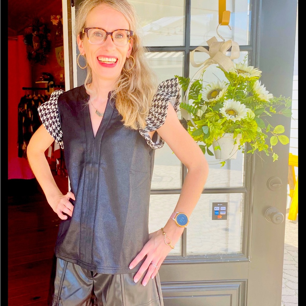 Black Faux Suede Top with Houndstooth Sleeves
